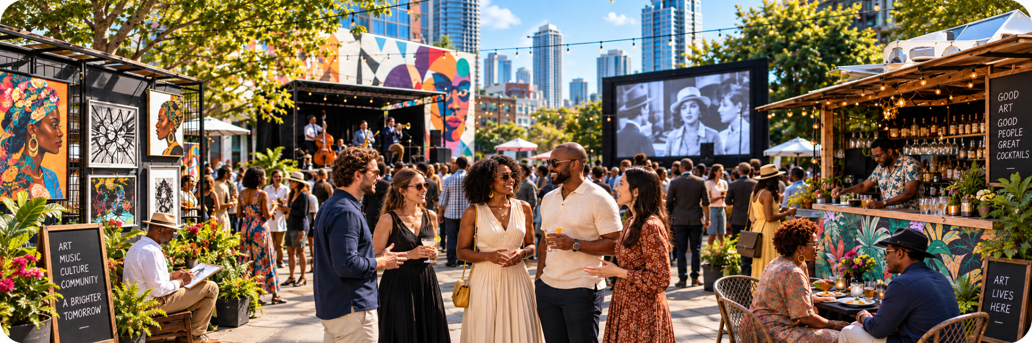 People enjoying arts, culture, live music and food at a Bay Area gathering