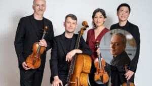 The four members of Takacs Quartet -- three men and one woman -- pose together with their instruments against a light gray background with a circle inset of pianist Jeremy Denk.