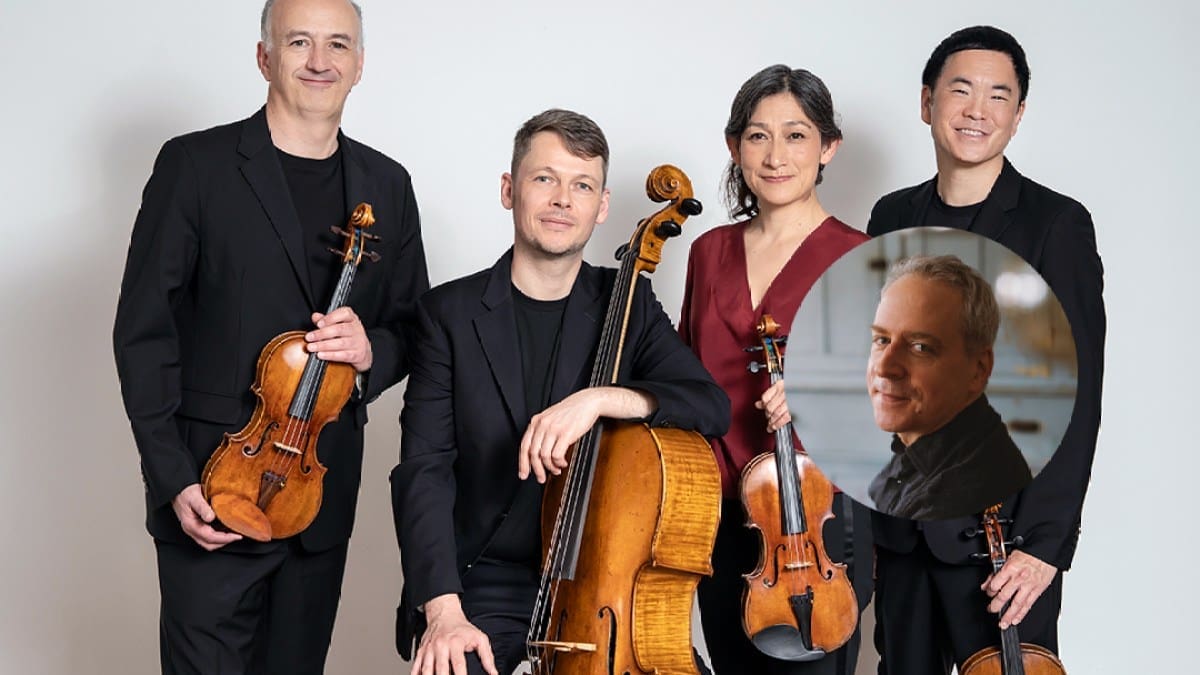 The four members of Takacs Quartet -- three men and one woman -- pose together with their instruments against a light gray background with a circle inset of pianist Jeremy Denk.