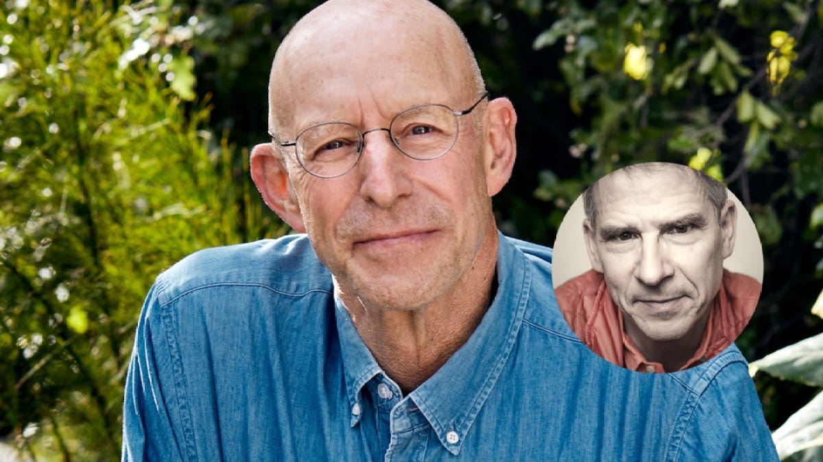 Photo of Michael Pollan, a white bald man in a blue button-down shirt and glasses, looking at the camera, with an circular inset photo of Christof Koch, a white man in a salmon-orange colored top looking at the camera