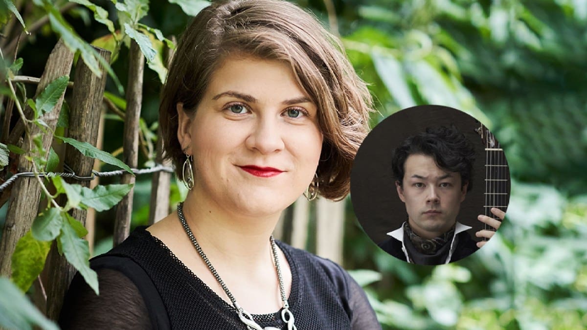 Mezzo-soprano Ema Nikolovska, a white woman in a dark top against foliage, with a circle inset photo of guitarist Sean Shibe, a mixed race man holding a guitar.