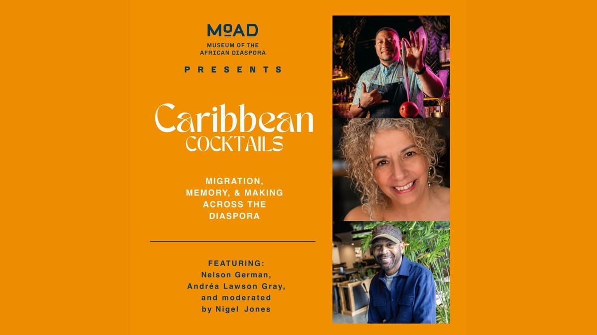 Caribbean Cocktails program artwork featuring Nelson German, Andrea Lawson Gray and Nigel Jones