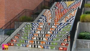 Colorful public art stairs featured on the Route 3 walking tour
