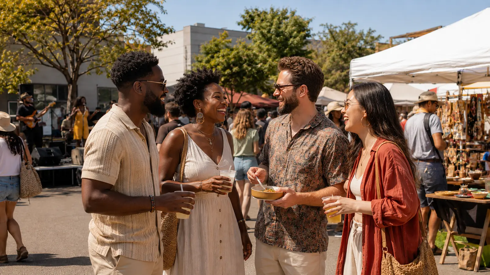 Friends enjoying food, art, and live music at an outdoor festival