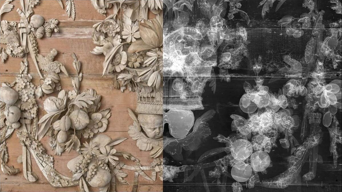 Composite view of a Grinling Gibbons carved limewood panel