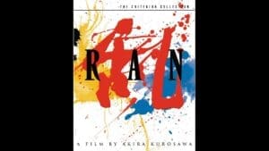 Cover artwork for Akira Kurosawa’s Ran, with red Japanese calligraphy and colorful brushstrokes on a white panel centered on black.