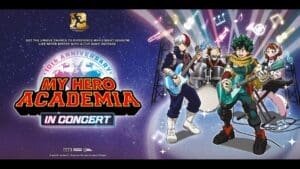 My Hero Academia characters performing with instruments beside the My Hero Academia In Concert logo.