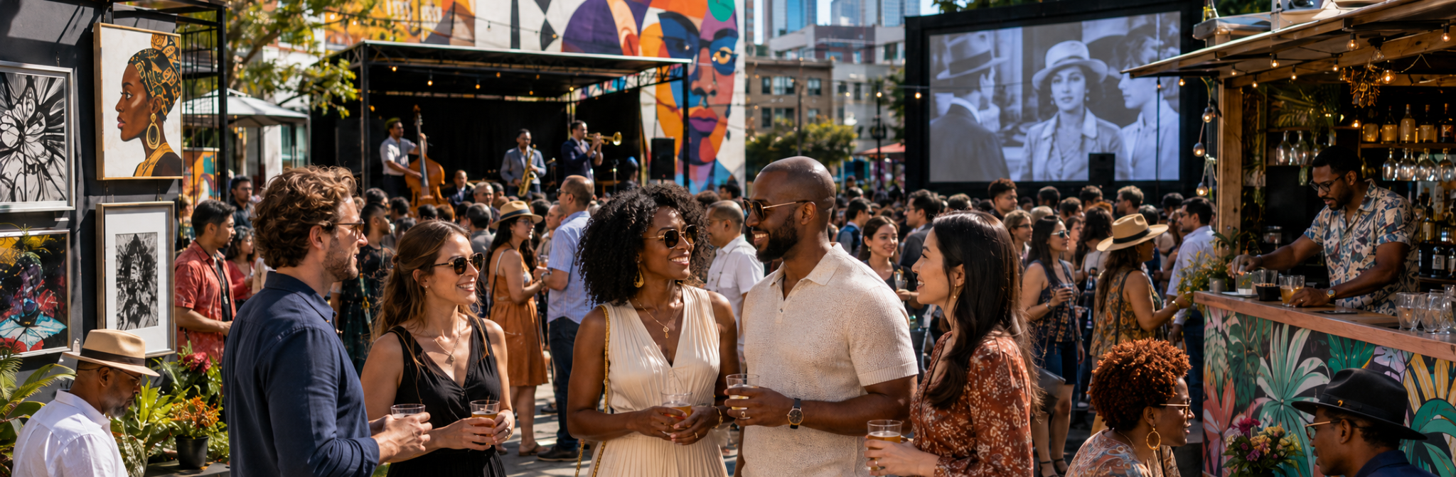 People enjoying arts, culture, live music and food at a Bay Area gathering