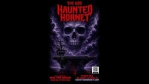 The USS Haunted Hornet event poster featuring a skull above an aircraft carrier