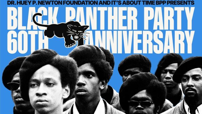 Black Panther Party 60th anniversary artwork featuring a historical group photograph, with Oakland and October 15–18, 2026 event information.