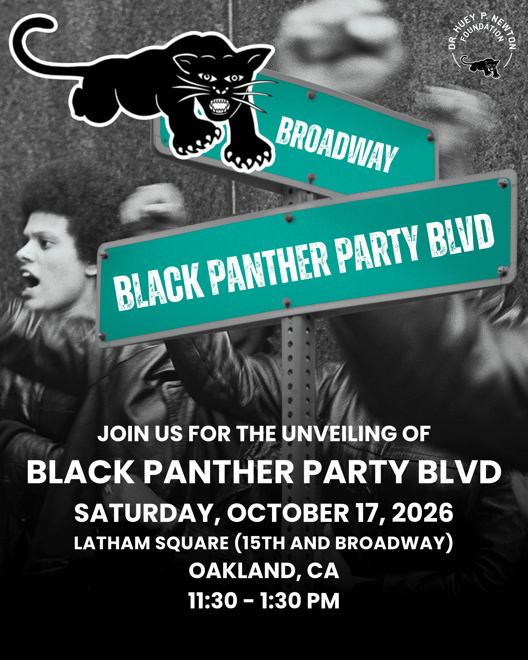 Complete official Black Panther Party Boulevard unveiling flyer for October 17, 2026, at Latham Square in Oakland.