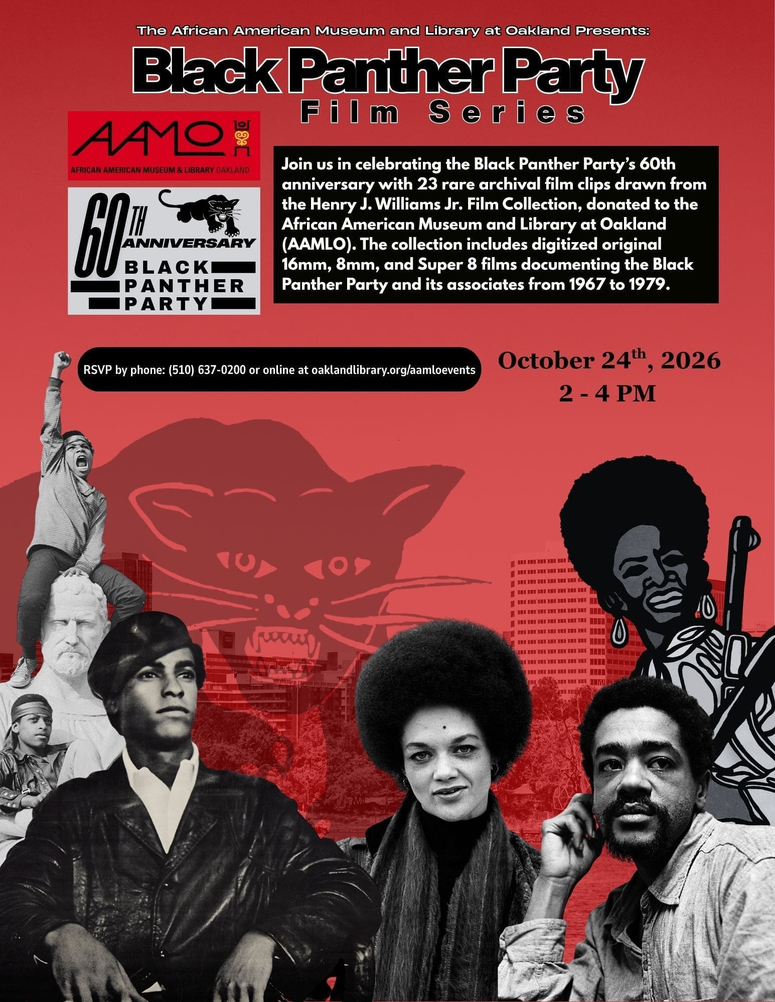 Complete official flyer for the Black Panther Party Film Series at AAMLO on October 24, 2026.