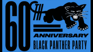Black Panther Party 60th-anniversary emblem from the Oakland Public Library Rank and File exhibition artwork.