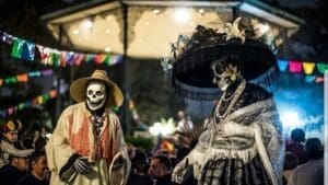 Two participants in skeleton makeup and elaborate hats at Olvera Street’s Día de los Muertos celebration