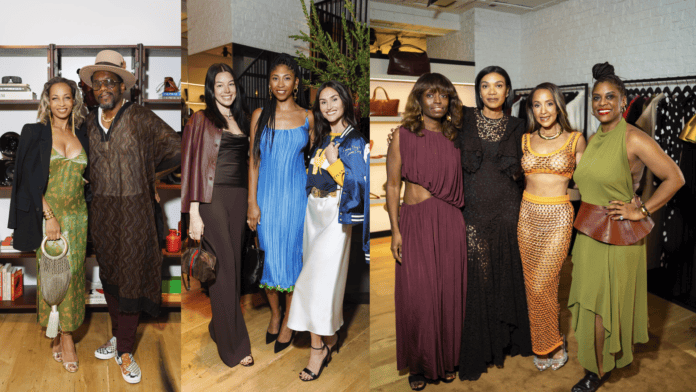 Full-bleed three-panel collage of nine guests at McMullen’s Maiden Lane grand opening in San Francisco.