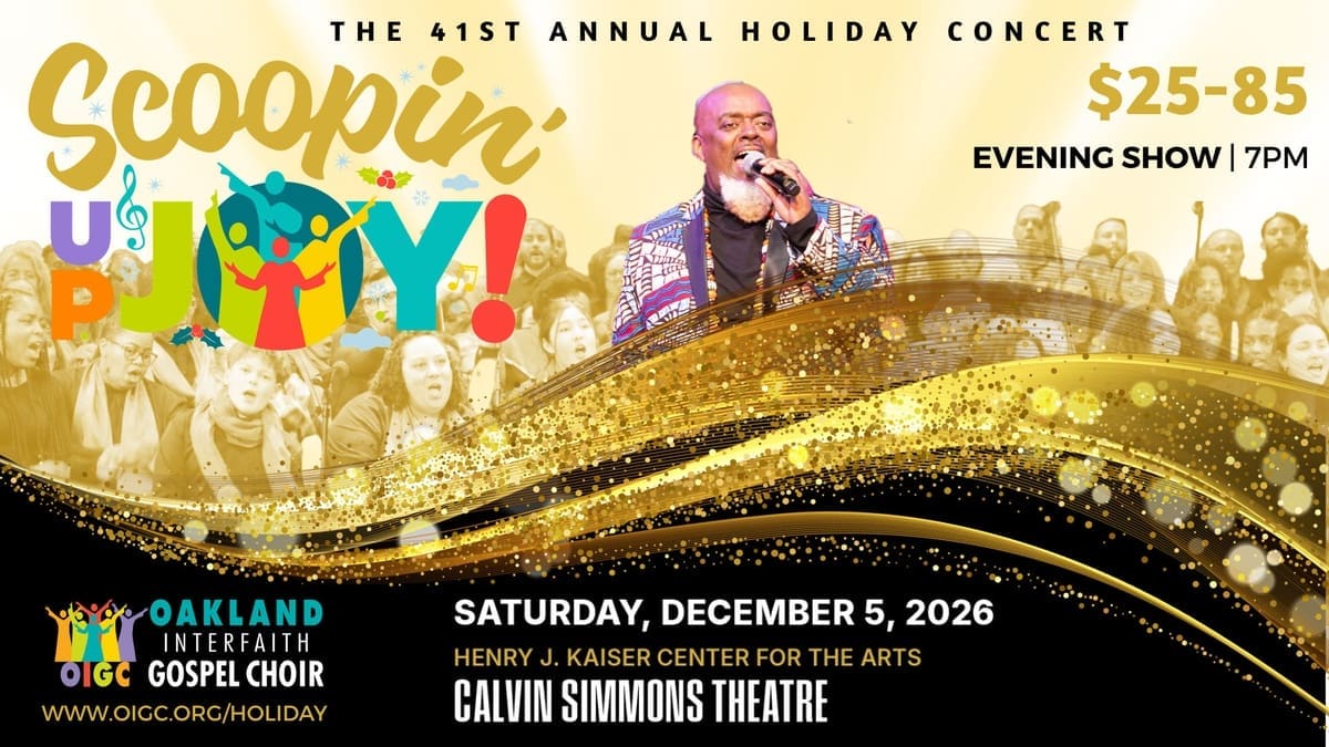 Scoopin' Up Joy holiday concert flyer featuring a vocalist and choir.