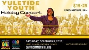 Yuletide Youth Holiday Concert flyer featuring a choir director and young singers.