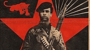 Historical Black Panther newspaper artwork with a beret-wearing figure, red star and Panther emblem.