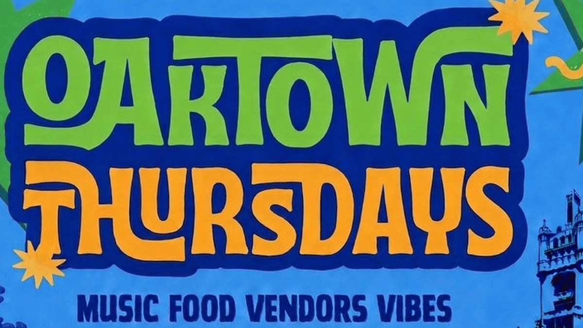 Oaktown Thursdays night market title and Music Food Vendors Vibes tagline from the official anniversary flyer.
