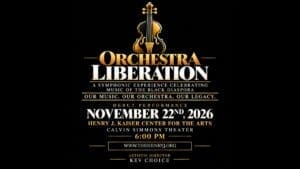 Gold violin and Orchestra Liberation concert details on a black background.
