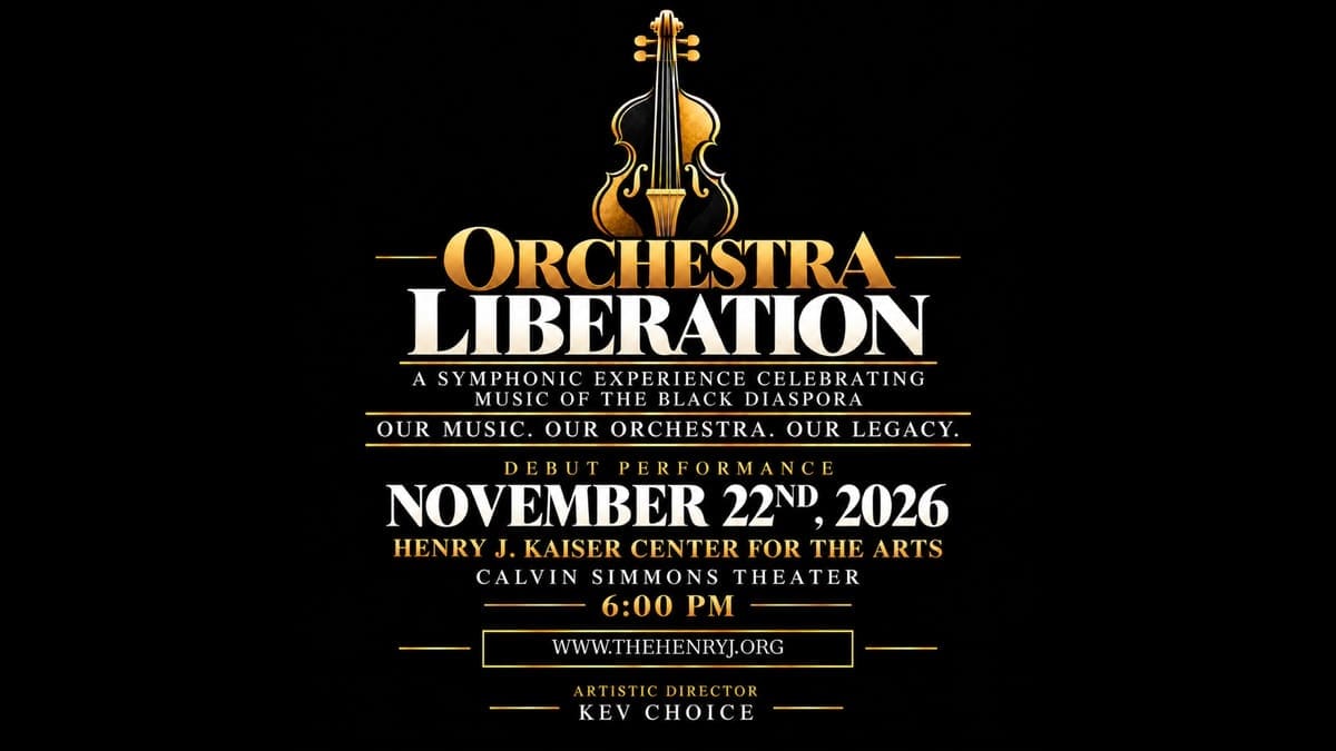 Gold violin and Orchestra Liberation concert details on a black background.