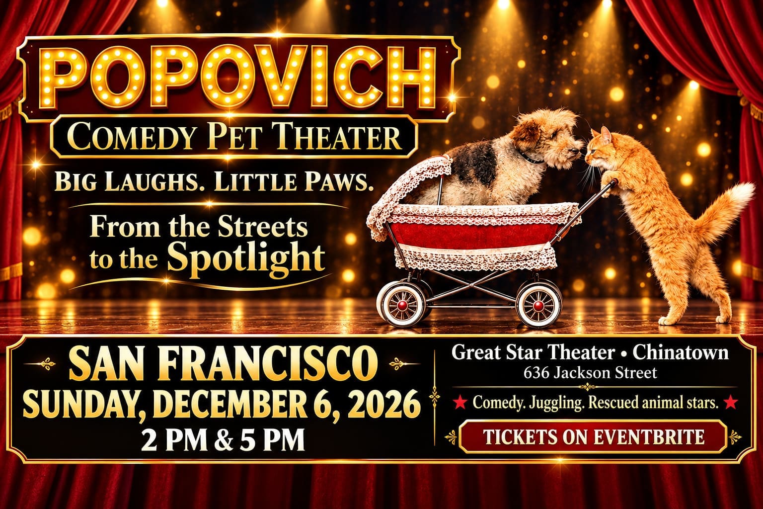 Popovich Comedy Pet Theater event flyer for December 6, 2026 at Great Star Theater in San Francisco.
