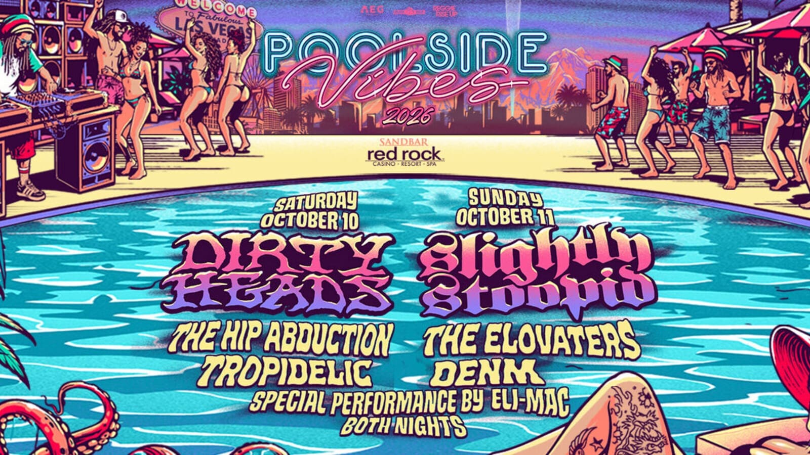 Official 2026 Poolside Vibes lineup graphic for Reggae Rise Up Vegas