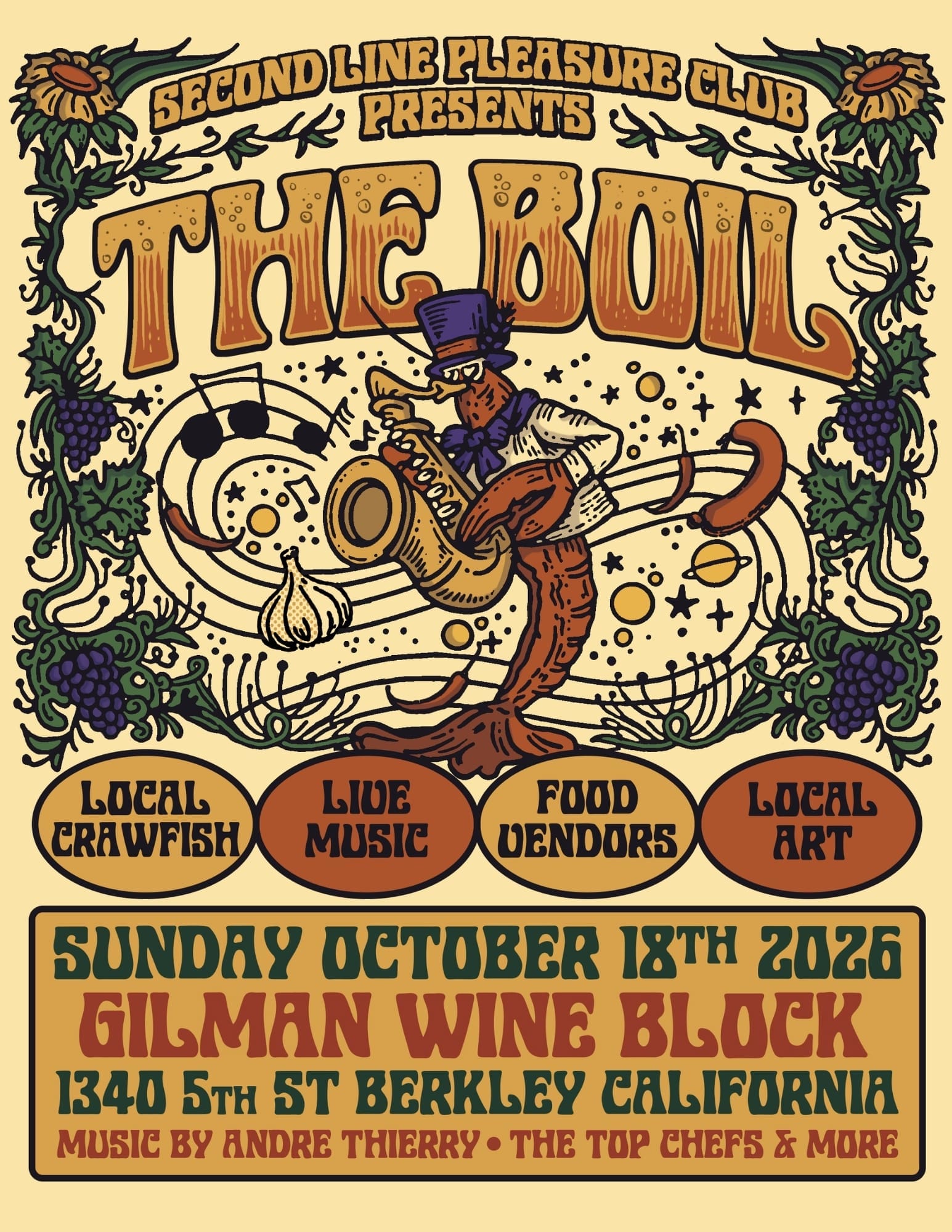 Complete official flyer for The Boil Block Party, October 18, 2026, at Gilman Wine Block in Berkeley.