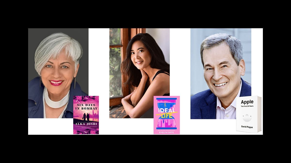 Official AbilityPath Authors Luncheon graphic showing Alka Joshi, Evelyn Skye and David Pogue with their books.