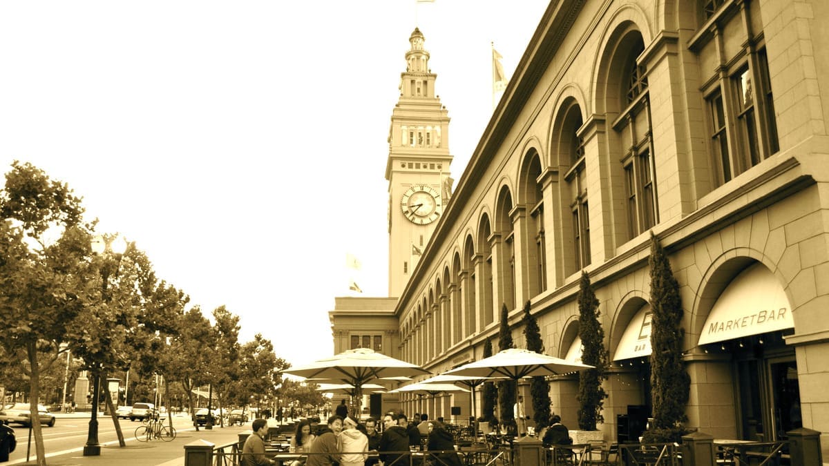 Sepia-toned exterior view of San Francisco’s Ferry Building and clock tower, photographed in June 2012.