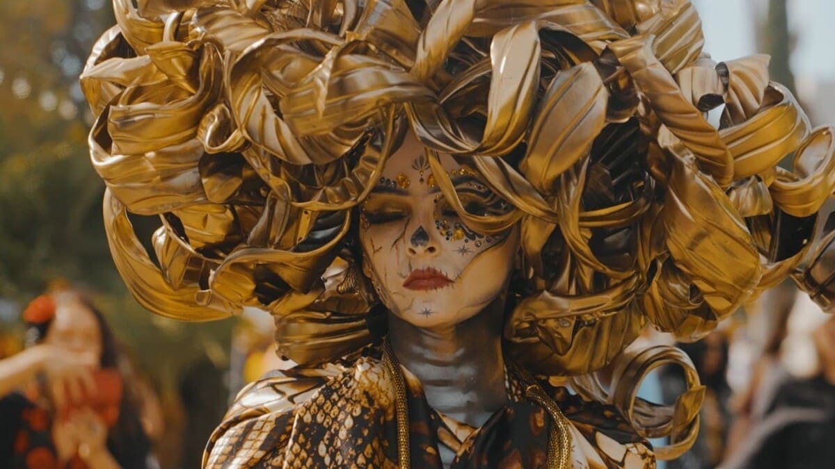 Día de los Muertos participant with skull makeup and a gold headdress at Hollywood Forever